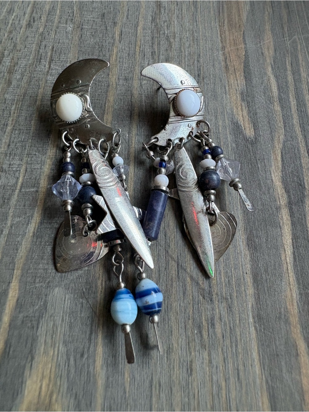 Sterling-Tone Moon Dangle Earrings with Blue Bead Accents